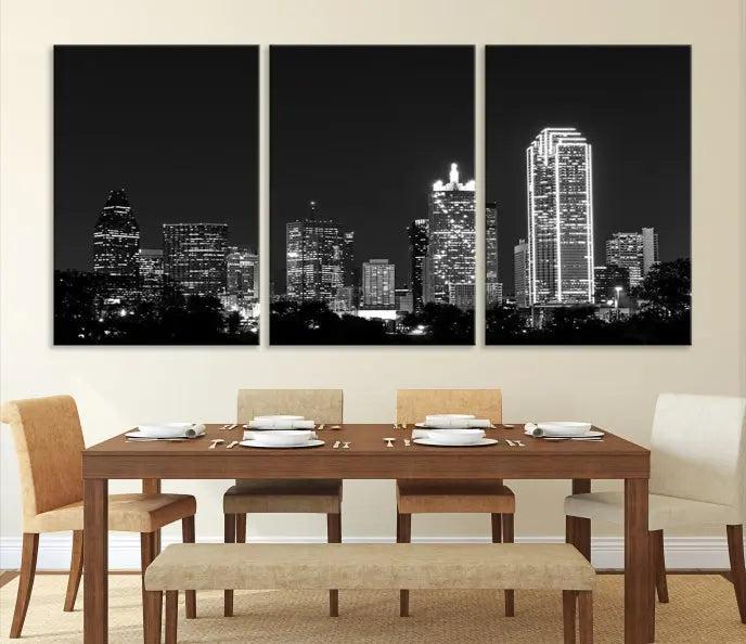 The "Dallas City Lights Skyline Black and White Wall Art Cityscape Canvas Print" graces the wall, elegantly encased in a hand-assembled frame. This masterpiece is printed on museum-quality canvas and features a UV-protective coating to preserve its enduring brilliance.