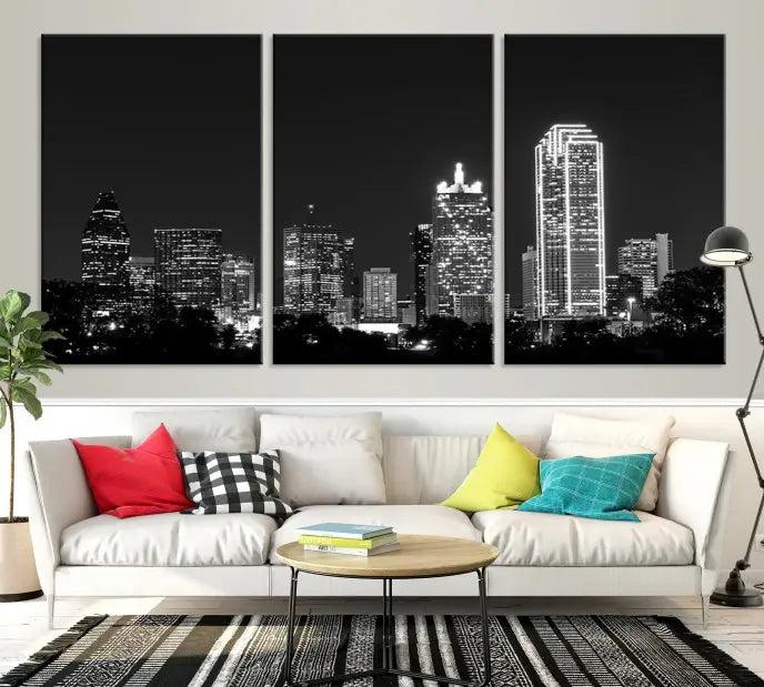 The "Dallas City Lights Skyline Black and White Wall Art Cityscape Canvas Print" graces the wall, elegantly encased in a hand-assembled frame. This masterpiece is printed on museum-quality canvas and features a UV-protective coating to preserve its enduring brilliance.