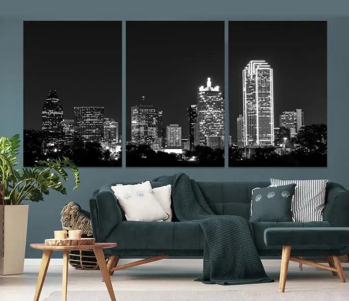 The "Dallas City Lights Skyline Black and White Wall Art Cityscape Canvas Print" graces the wall, elegantly encased in a hand-assembled frame. This masterpiece is printed on museum-quality canvas and features a UV-protective coating to preserve its enduring brilliance.