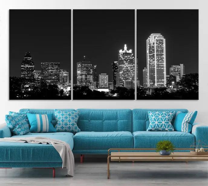 The "Dallas City Lights Skyline Black and White Wall Art Cityscape Canvas Print" graces the wall, elegantly encased in a hand-assembled frame. This masterpiece is printed on museum-quality canvas and features a UV-protective coating to preserve its enduring brilliance.