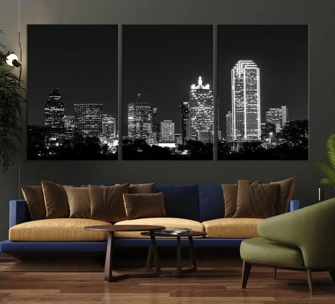 The "Dallas City Lights Skyline Black and White Wall Art Cityscape Canvas Print" graces the wall, elegantly encased in a hand-assembled frame. This masterpiece is printed on museum-quality canvas and features a UV-protective coating to preserve its enduring brilliance.