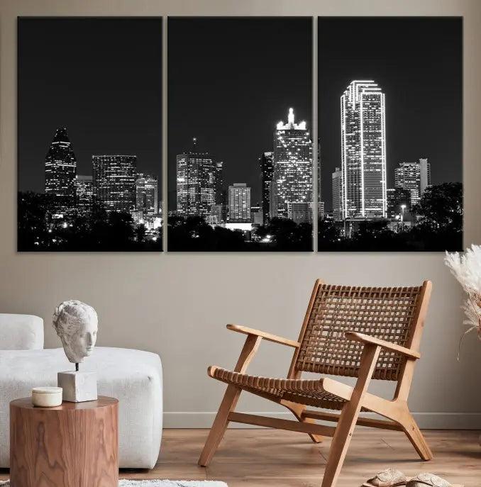 The "Dallas City Lights Skyline Black and White Wall Art Cityscape Canvas Print" graces the wall, elegantly encased in a hand-assembled frame. This masterpiece is printed on museum-quality canvas and features a UV-protective coating to preserve its enduring brilliance.