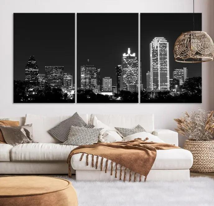 The "Dallas City Lights Skyline Black and White Wall Art Cityscape Canvas Print" graces the wall, elegantly encased in a hand-assembled frame. This masterpiece is printed on museum-quality canvas and features a UV-protective coating to preserve its enduring brilliance.