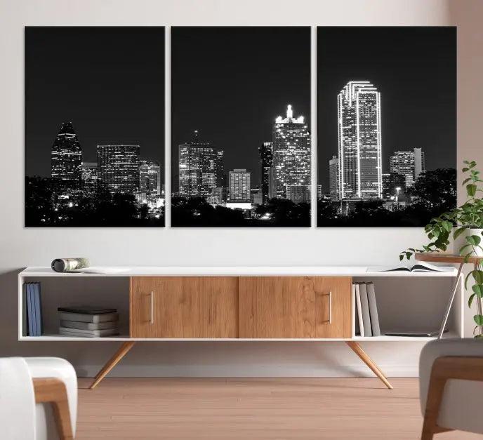 The "Dallas City Lights Skyline Black and White Wall Art Cityscape Canvas Print" graces the wall, elegantly encased in a hand-assembled frame. This masterpiece is printed on museum-quality canvas and features a UV-protective coating to preserve its enduring brilliance.