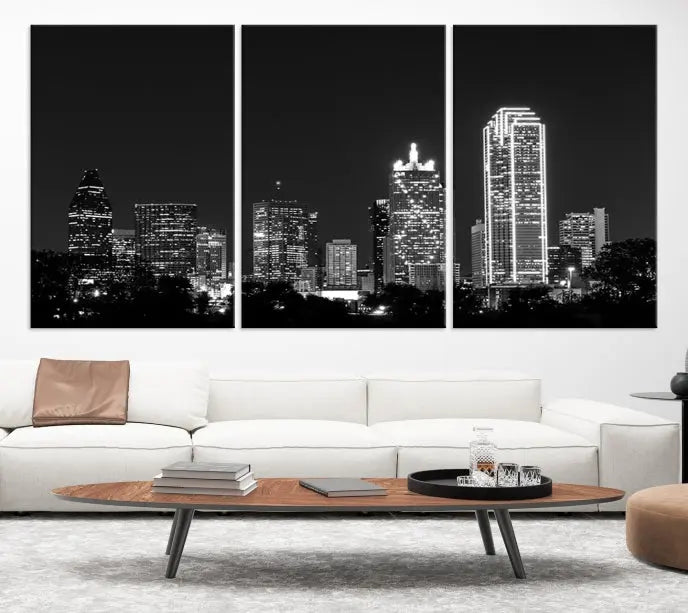 The "Dallas City Lights Skyline Black and White Wall Art Cityscape Canvas Print" graces the wall, elegantly encased in a hand-assembled frame. This masterpiece is printed on museum-quality canvas and features a UV-protective coating to preserve its enduring brilliance.