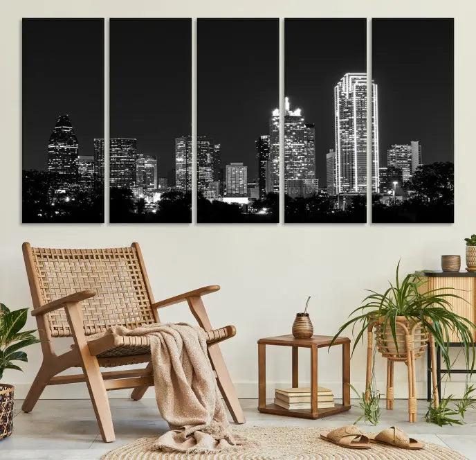 The "Dallas City Lights Skyline Black and White Wall Art Cityscape Canvas Print" graces the wall, elegantly encased in a hand-assembled frame. This masterpiece is printed on museum-quality canvas and features a UV-protective coating to preserve its enduring brilliance.