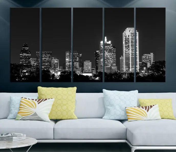 The "Dallas City Lights Skyline Black and White Wall Art Cityscape Canvas Print" graces the wall, elegantly encased in a hand-assembled frame. This masterpiece is printed on museum-quality canvas and features a UV-protective coating to preserve its enduring brilliance.