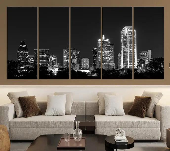 The "Dallas City Lights Skyline Black and White Wall Art Cityscape Canvas Print" graces the wall, elegantly encased in a hand-assembled frame. This masterpiece is printed on museum-quality canvas and features a UV-protective coating to preserve its enduring brilliance.