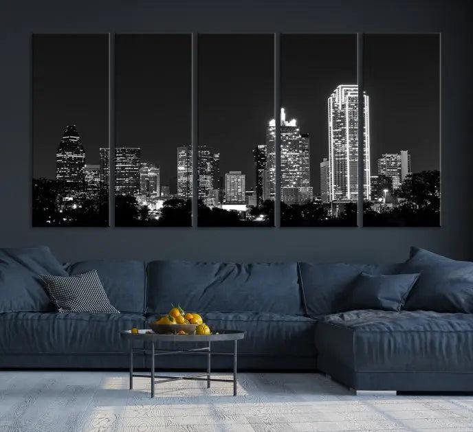 The "Dallas City Lights Skyline Black and White Wall Art Cityscape Canvas Print" graces the wall, elegantly encased in a hand-assembled frame. This masterpiece is printed on museum-quality canvas and features a UV-protective coating to preserve its enduring brilliance.