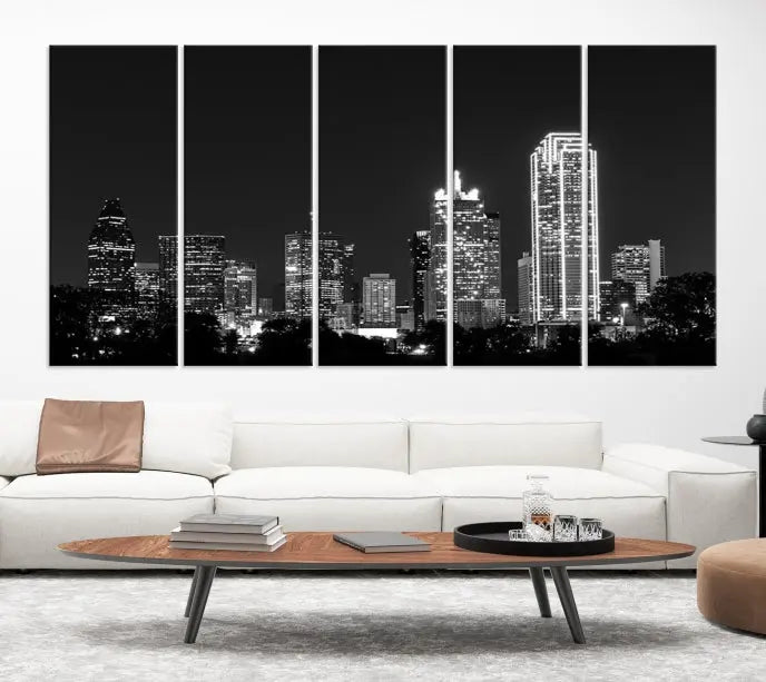 The "Dallas City Lights Skyline Black and White Wall Art Cityscape Canvas Print" graces the wall, elegantly encased in a hand-assembled frame. This masterpiece is printed on museum-quality canvas and features a UV-protective coating to preserve its enduring brilliance.