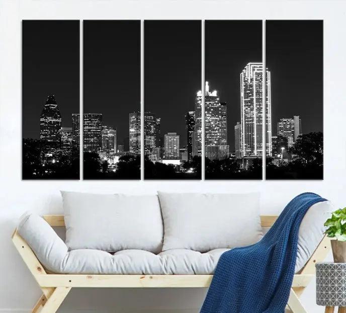 The "Dallas City Lights Skyline Black and White Wall Art Cityscape Canvas Print" graces the wall, elegantly encased in a hand-assembled frame. This masterpiece is printed on museum-quality canvas and features a UV-protective coating to preserve its enduring brilliance.