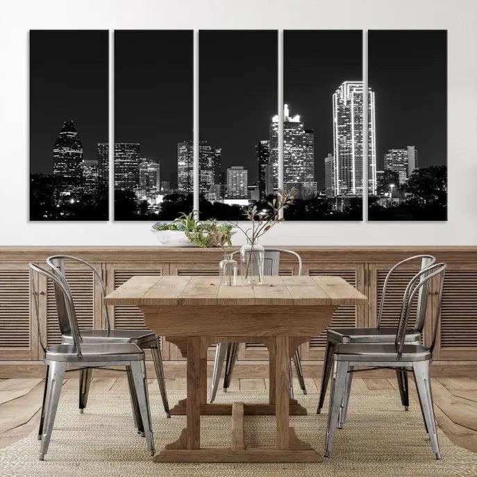 The "Dallas City Lights Skyline Black and White Wall Art Cityscape Canvas Print" graces the wall, elegantly encased in a hand-assembled frame. This masterpiece is printed on museum-quality canvas and features a UV-protective coating to preserve its enduring brilliance.