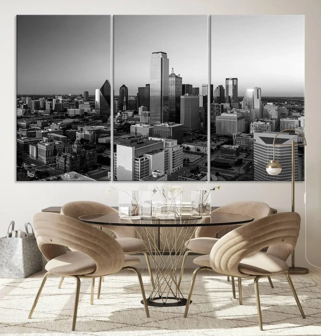 A modern living room showcases the Dallas City Lights Skyline Black and White Wall Art Cityscape Canvas Print. This gallery-wrapped piece offers a sleek finish and is crafted from museum-quality pollycotton. It features a UV-protective coating to ensure lasting vibrancy.