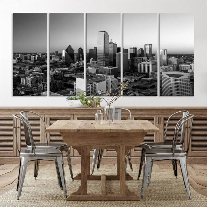 A modern living room showcases the Dallas City Lights Skyline Black and White Wall Art Cityscape Canvas Print. This gallery-wrapped piece offers a sleek finish and is crafted from museum-quality pollycotton. It features a UV-protective coating to ensure lasting vibrancy.