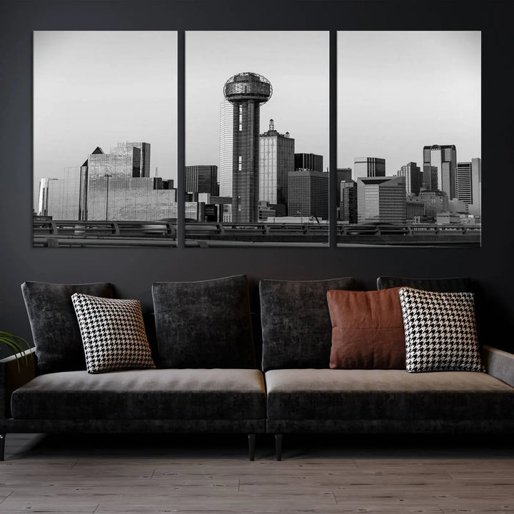 The Dallas City Lights Skyline Black and White Wall Art is elegantly displayed on museum-quality canvas.