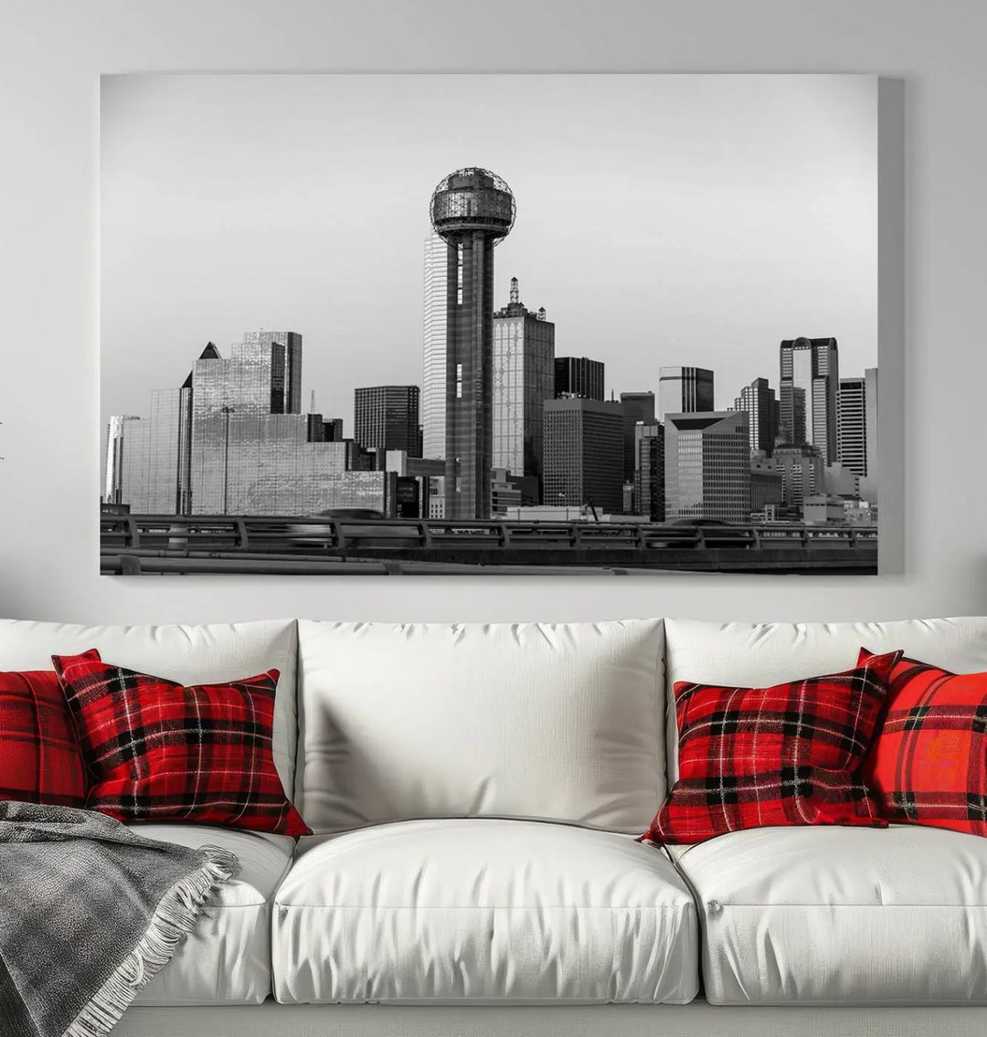 The Dallas City Lights Skyline Black and White Wall Art is elegantly displayed on museum-quality canvas.