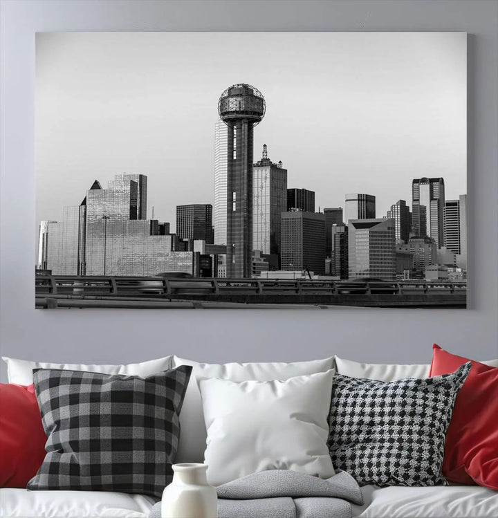 The Dallas City Lights Skyline Black and White Wall Art is elegantly displayed on museum-quality canvas.