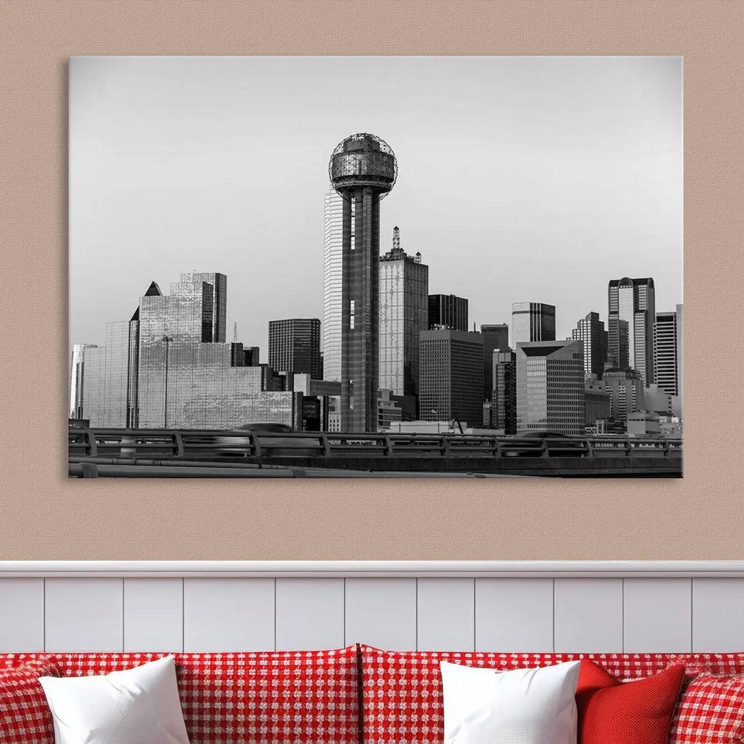 The Dallas City Lights Skyline Black and White Wall Art is elegantly displayed on museum-quality canvas.