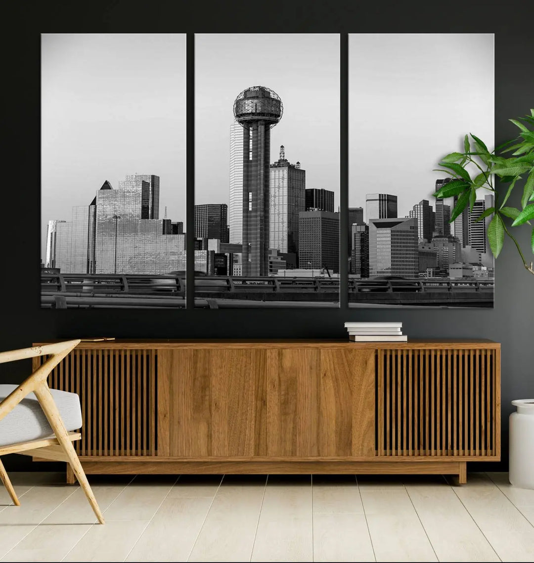 The Dallas City Lights Skyline Black and White Wall Art is elegantly displayed on museum-quality canvas.