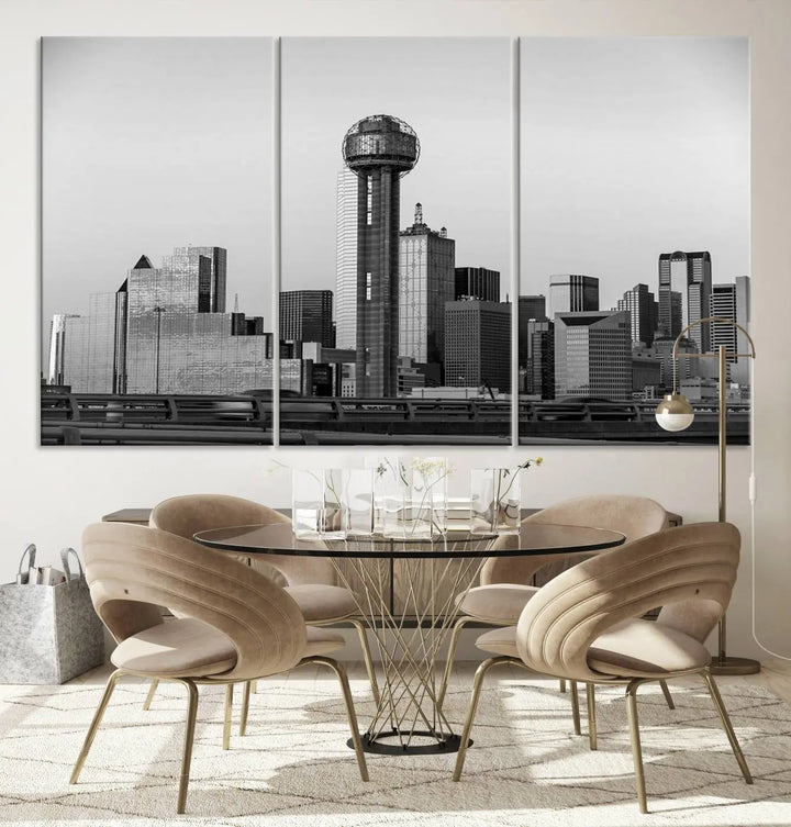 The Dallas City Lights Skyline Black and White Wall Art is elegantly displayed on museum-quality canvas.