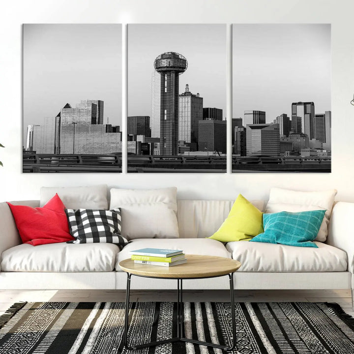 The Dallas City Lights Skyline Black and White Wall Art is elegantly displayed on museum-quality canvas.