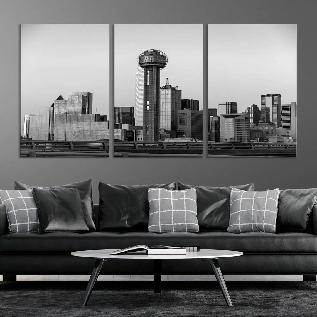 The Dallas City Lights Skyline Black and White Wall Art is elegantly displayed on museum-quality canvas.