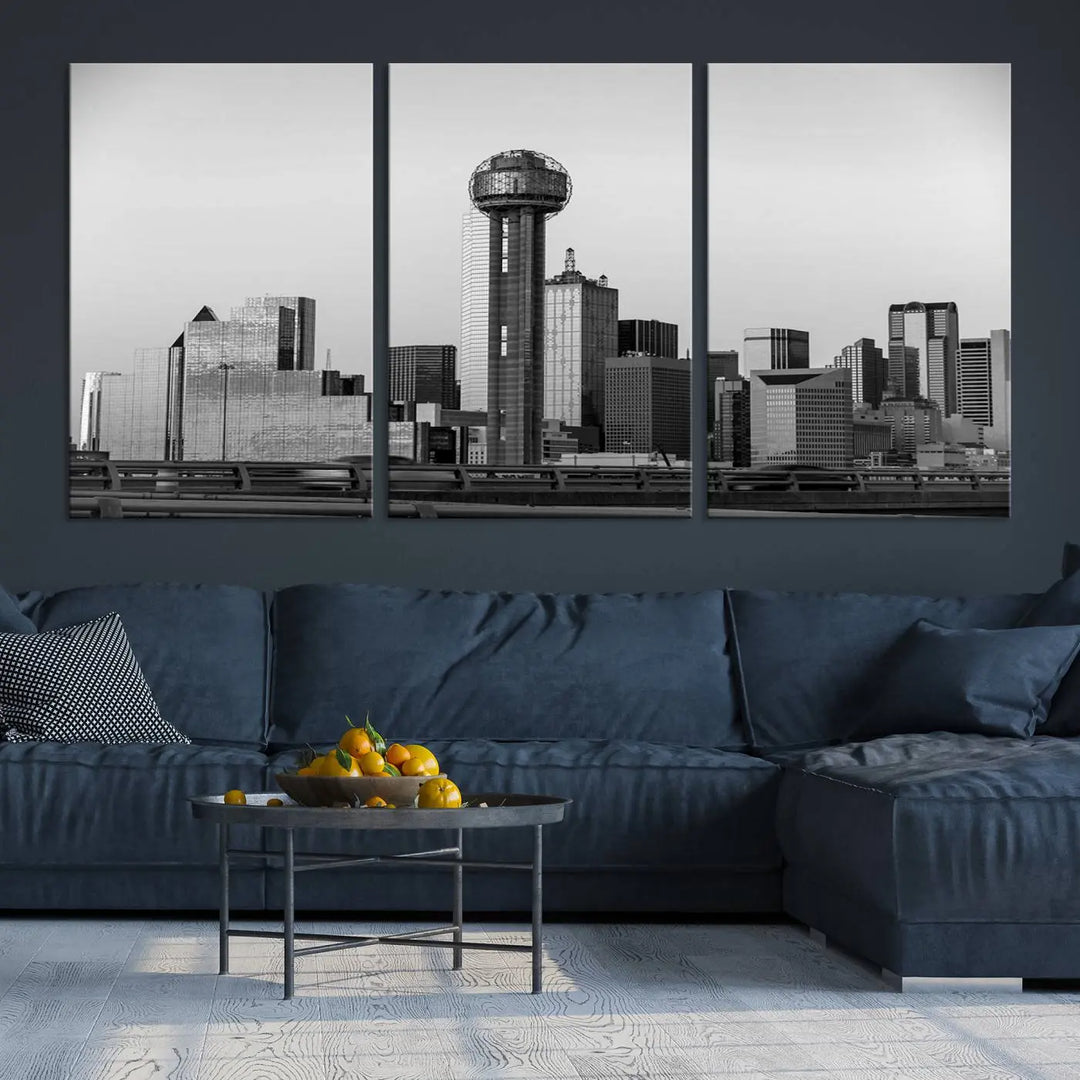 The Dallas City Lights Skyline Black and White Wall Art is elegantly displayed on museum-quality canvas.