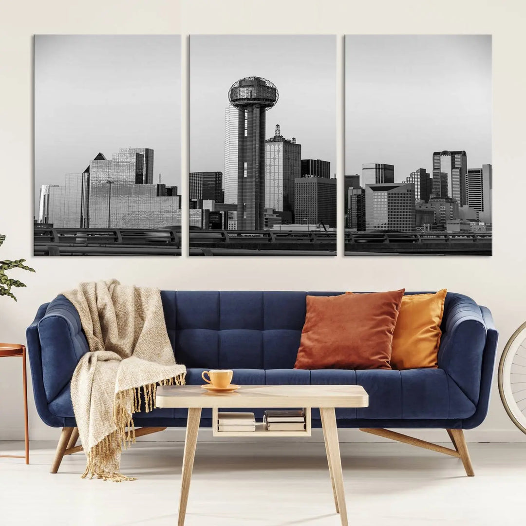 The Dallas City Lights Skyline Black and White Wall Art is elegantly displayed on museum-quality canvas.