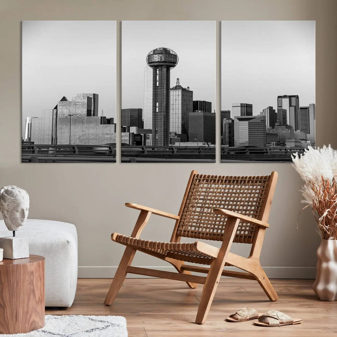 The Dallas City Lights Skyline Black and White Wall Art is elegantly displayed on museum-quality canvas.