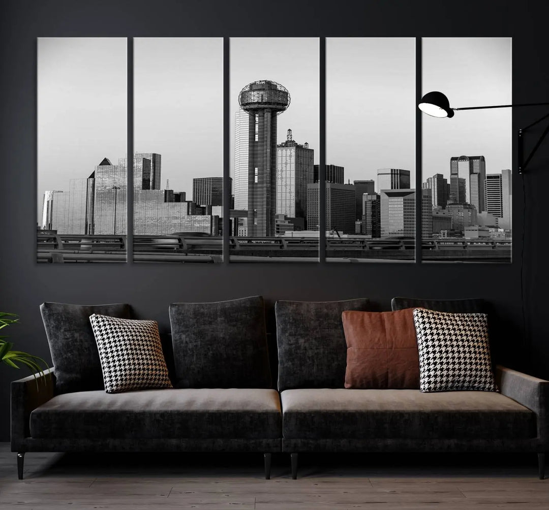 The Dallas City Lights Skyline Black and White Wall Art is elegantly displayed on museum-quality canvas.