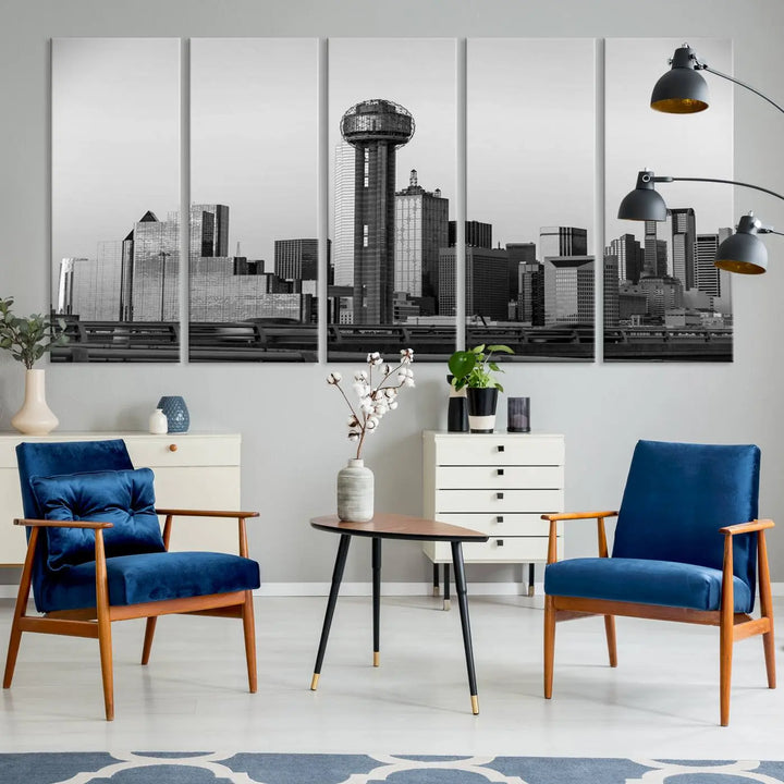 The Dallas City Lights Skyline Black and White Wall Art is elegantly displayed on museum-quality canvas.