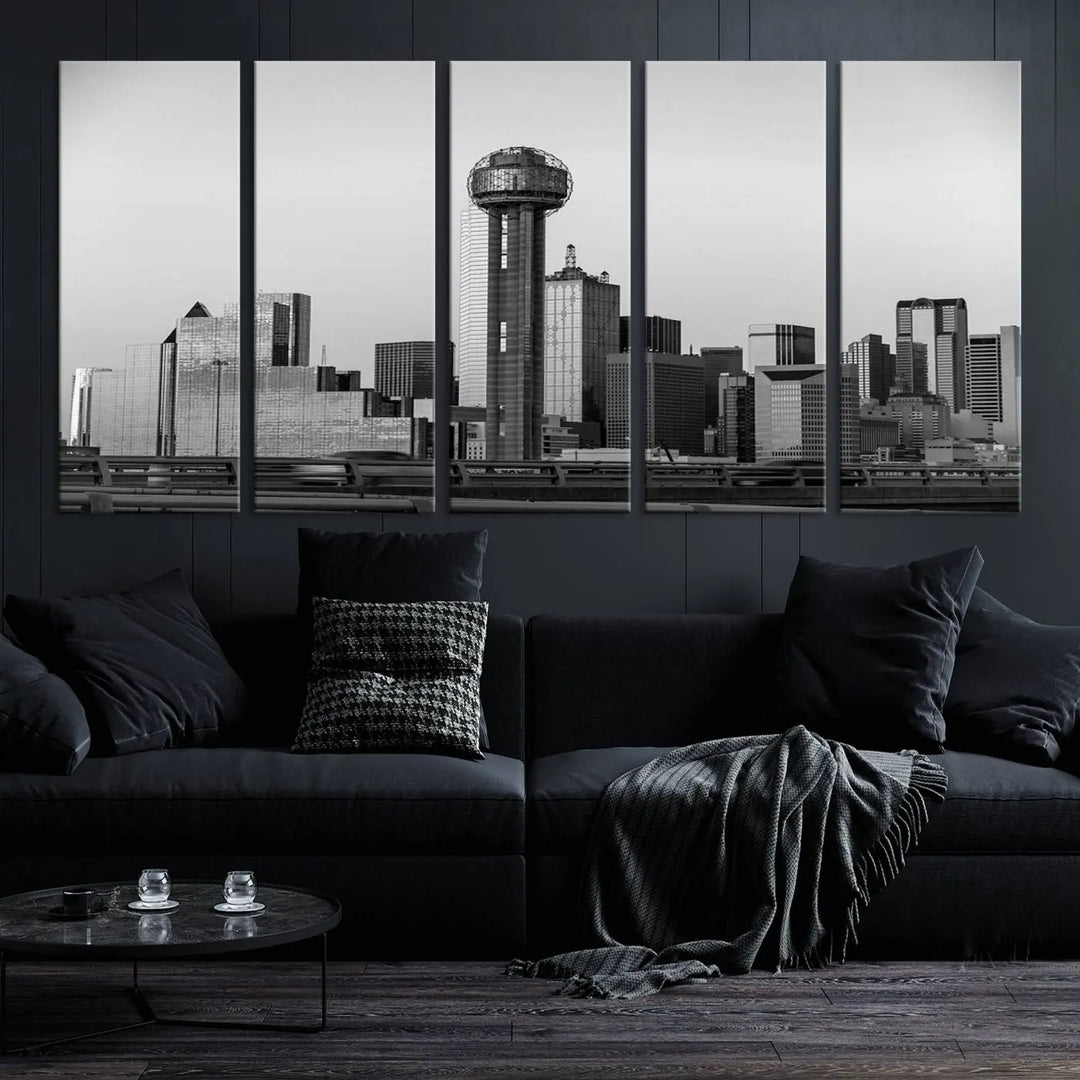 The Dallas City Lights Skyline Black and White Wall Art is elegantly displayed on museum-quality canvas.