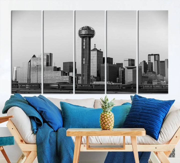 The Dallas City Lights Skyline Black and White Wall Art is elegantly displayed on museum-quality canvas.