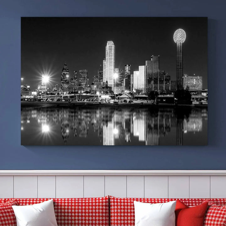 The living room showcases the Dallas City Lights Skyline Black and White Wall Art Cityscape Canvas Print. This museum-quality artwork is ready to hang and features a UV-protective coating to maintain its vibrant colors.