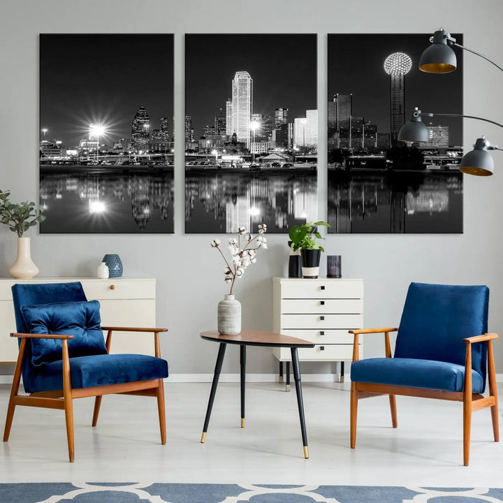 The living room showcases the Dallas City Lights Skyline Black and White Wall Art Cityscape Canvas Print. This museum-quality artwork is ready to hang and features a UV-protective coating to maintain its vibrant colors.