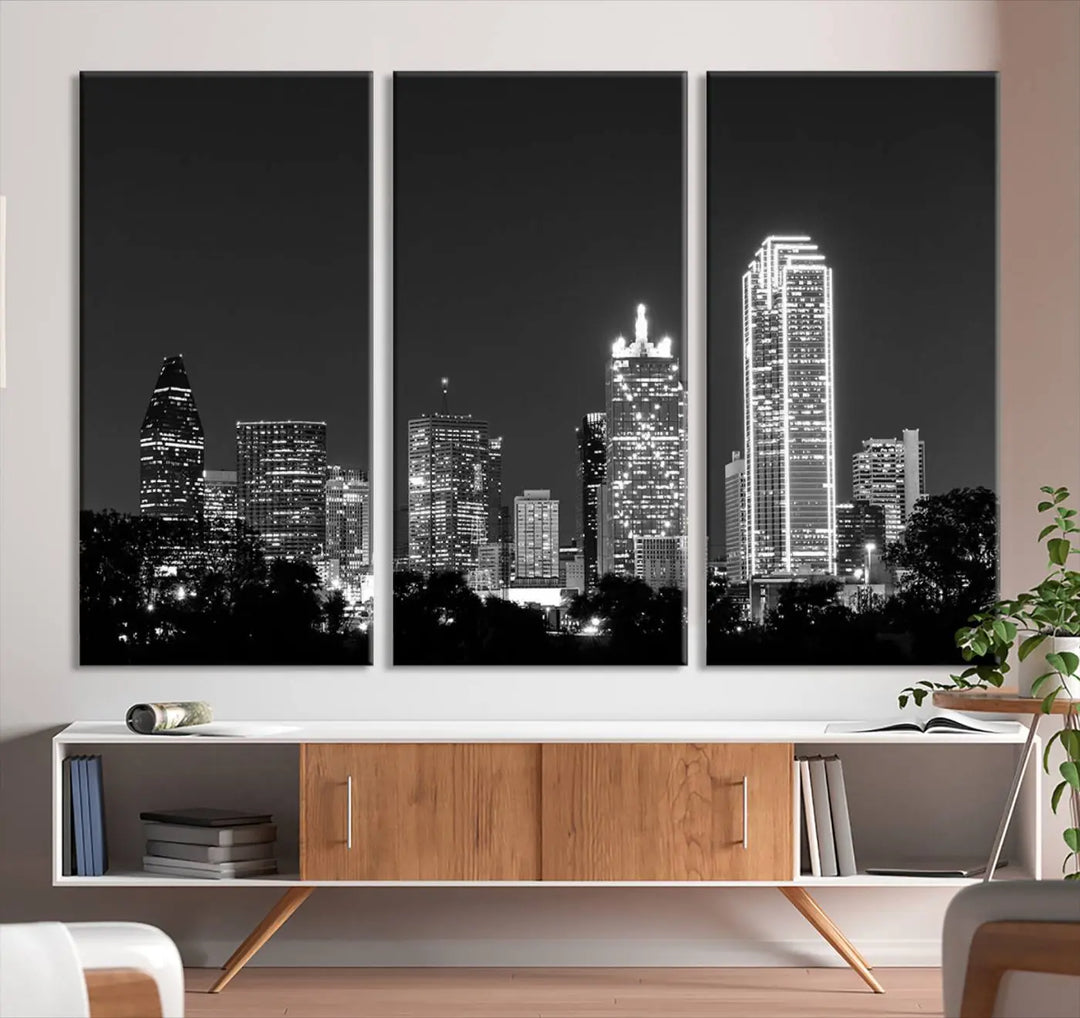 The "Dallas City Lights Skyline Black and White Wall Art Cityscape Canvas Print" is a museum-quality canvas with gallery-wrapped edges.