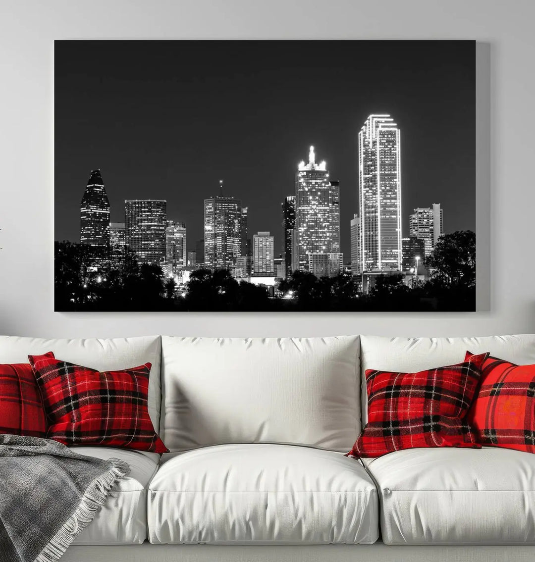 The "Dallas City Lights Skyline Black and White Wall Art Cityscape Canvas Print" is a museum-quality canvas with gallery-wrapped edges.