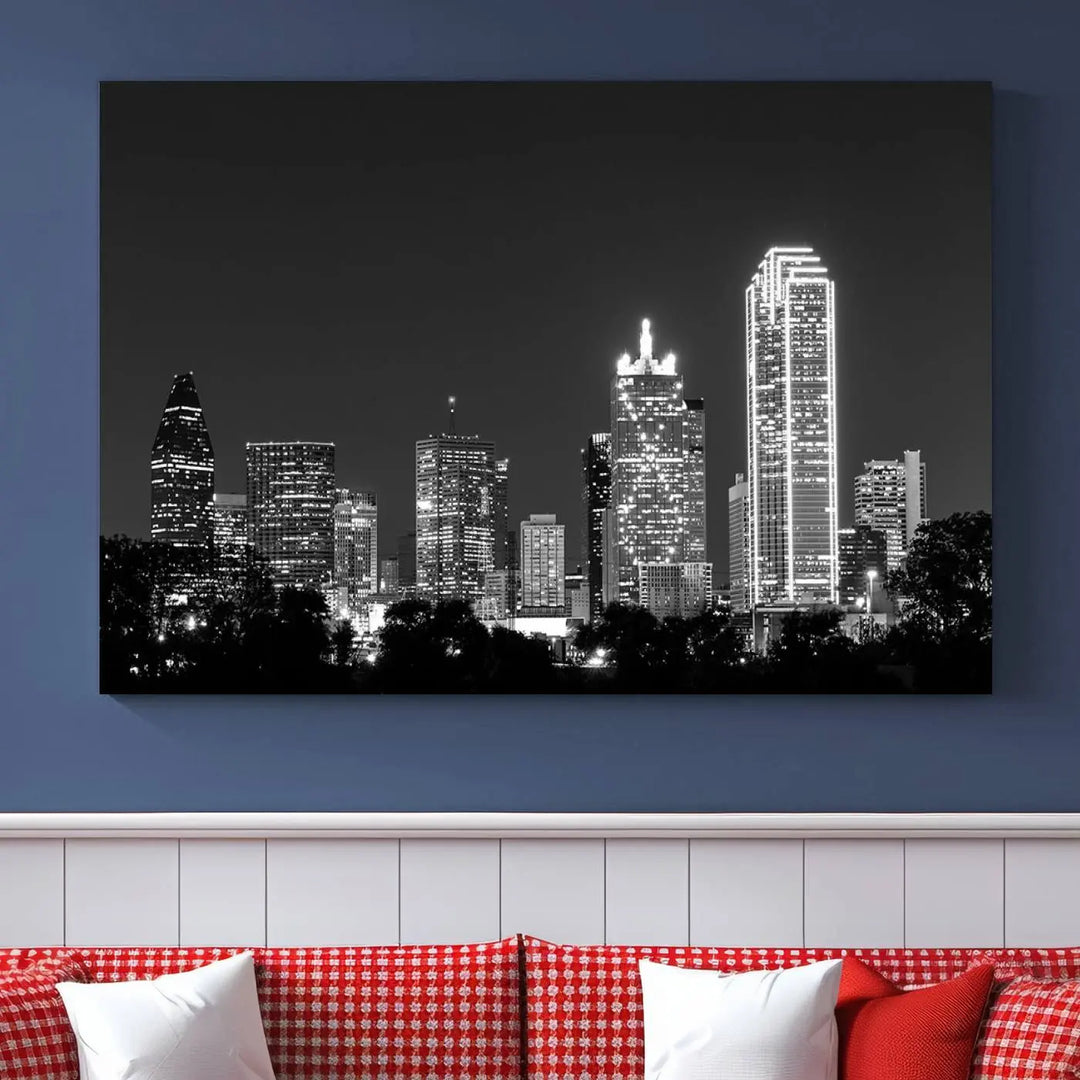 The "Dallas City Lights Skyline Black and White Wall Art Cityscape Canvas Print" is a museum-quality canvas with gallery-wrapped edges.