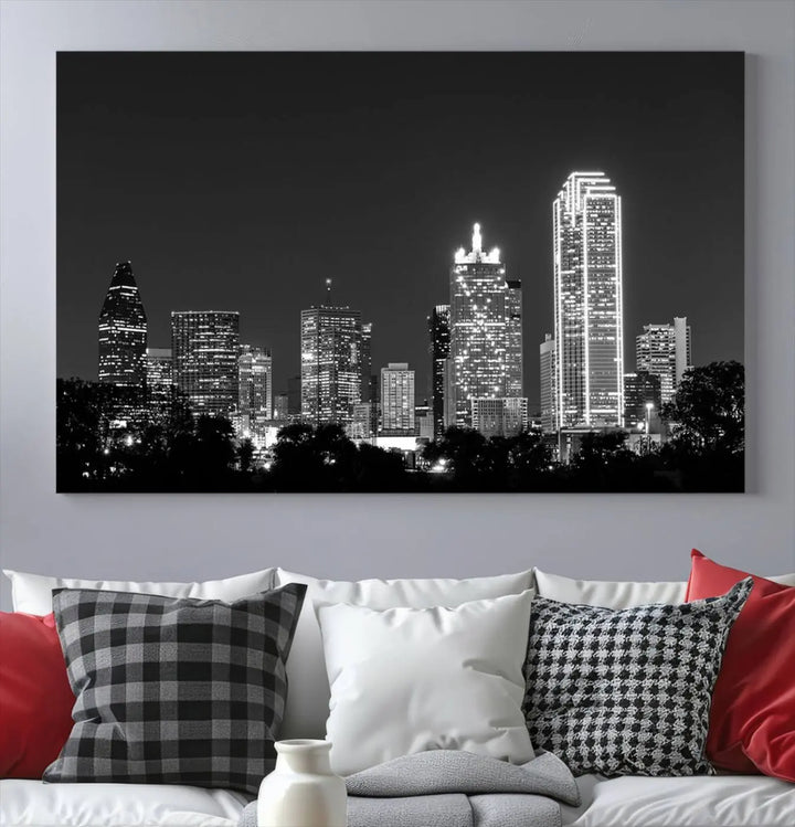 The "Dallas City Lights Skyline Black and White Wall Art Cityscape Canvas Print" is a museum-quality canvas with gallery-wrapped edges.