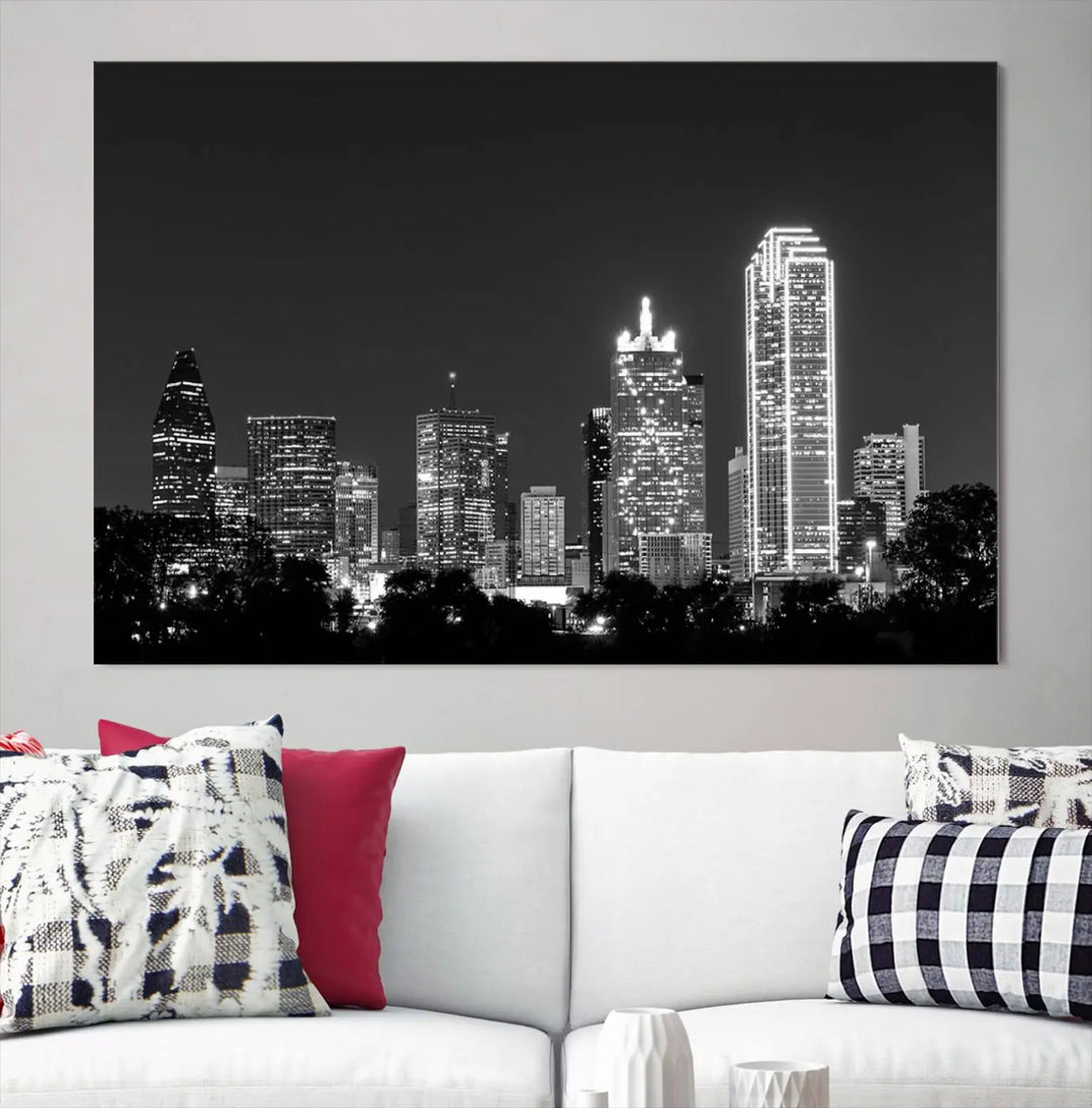 The "Dallas City Lights Skyline Black and White Wall Art Cityscape Canvas Print" is a museum-quality canvas with gallery-wrapped edges.