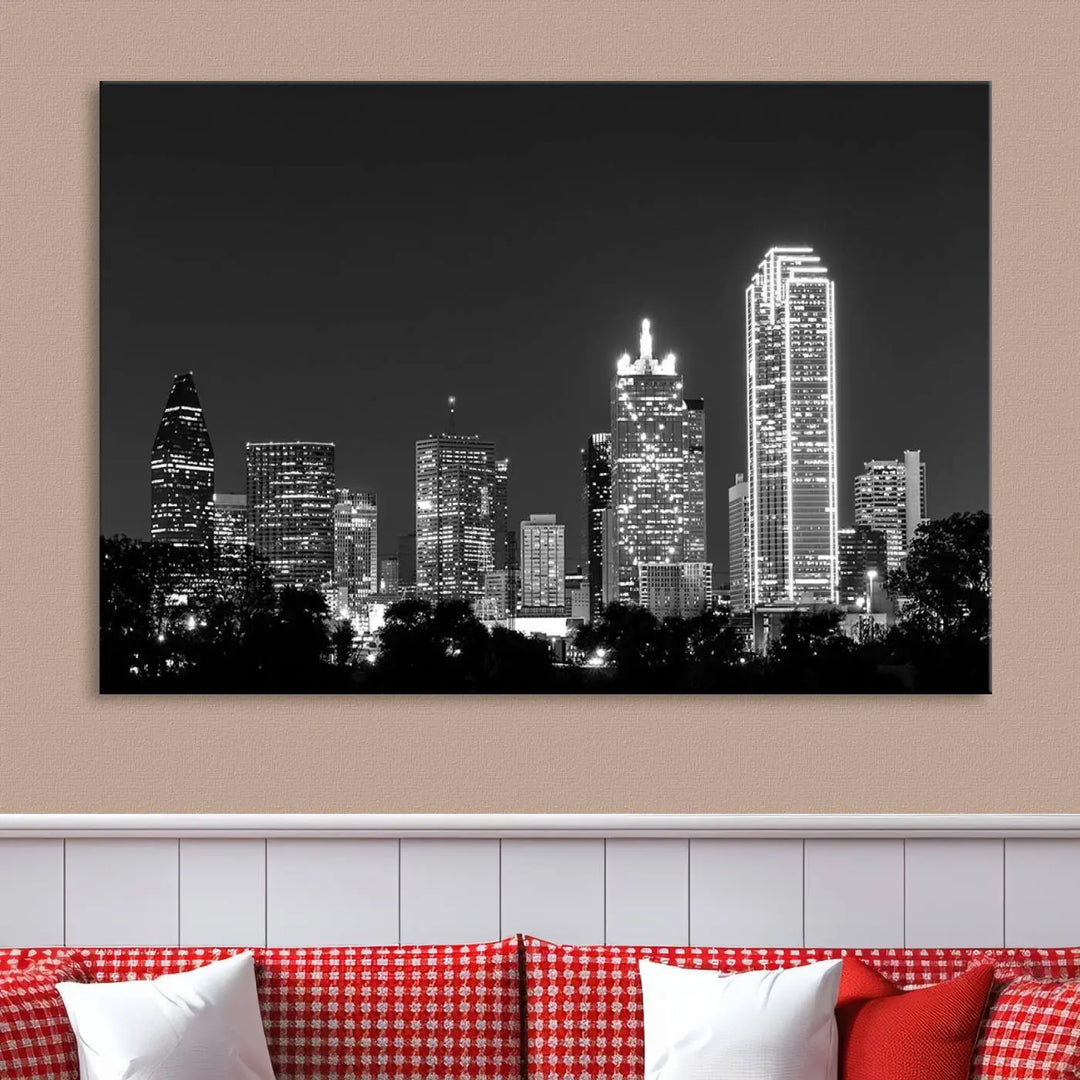 The "Dallas City Lights Skyline Black and White Wall Art Cityscape Canvas Print" is a museum-quality canvas with gallery-wrapped edges.