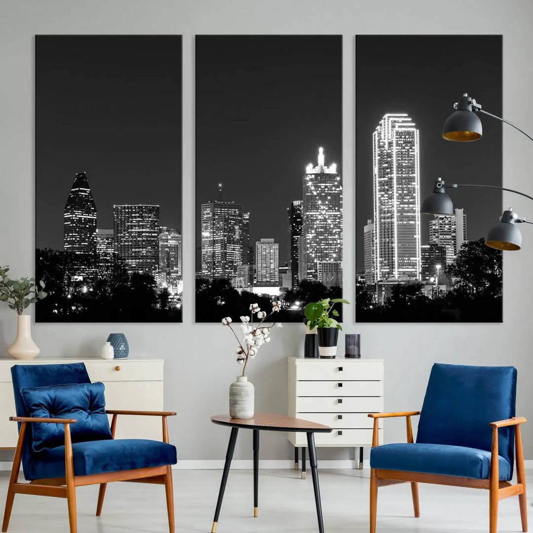 The "Dallas City Lights Skyline Black and White Wall Art Cityscape Canvas Print" is a museum-quality canvas with gallery-wrapped edges.