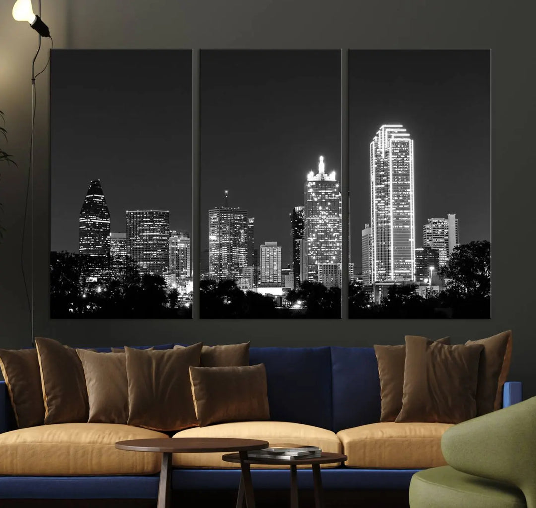 The "Dallas City Lights Skyline Black and White Wall Art Cityscape Canvas Print" is a museum-quality canvas with gallery-wrapped edges.