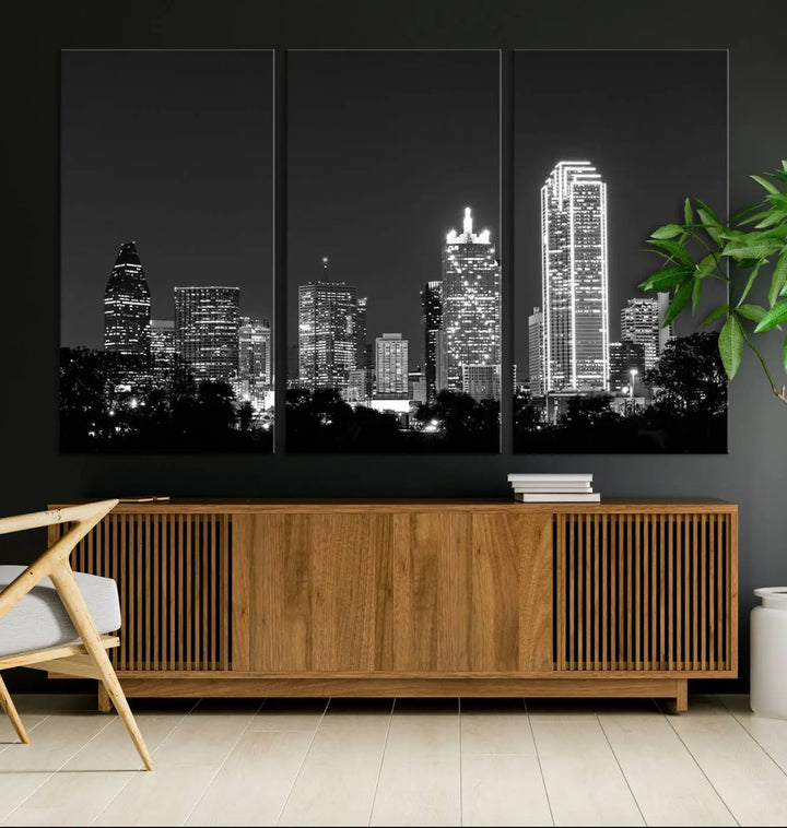 The "Dallas City Lights Skyline Black and White Wall Art Cityscape Canvas Print" is a museum-quality canvas with gallery-wrapped edges.