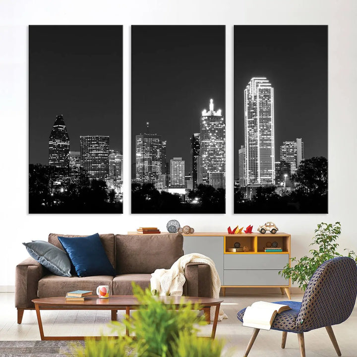 The "Dallas City Lights Skyline Black and White Wall Art Cityscape Canvas Print" is a museum-quality canvas with gallery-wrapped edges.