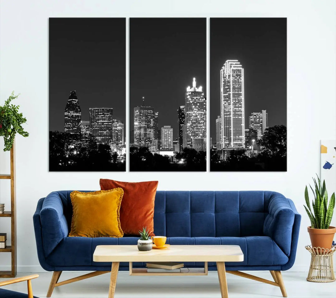 The "Dallas City Lights Skyline Black and White Wall Art Cityscape Canvas Print" is a museum-quality canvas with gallery-wrapped edges.