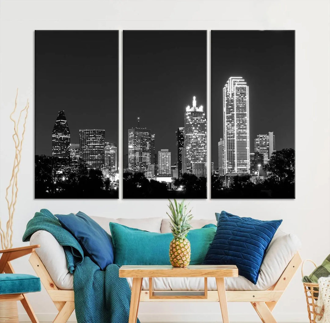 The "Dallas City Lights Skyline Black and White Wall Art Cityscape Canvas Print" is a museum-quality canvas with gallery-wrapped edges.