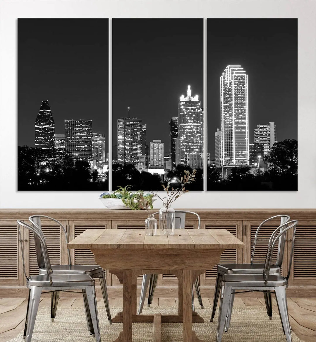 The "Dallas City Lights Skyline Black and White Wall Art Cityscape Canvas Print" is a museum-quality canvas with gallery-wrapped edges.