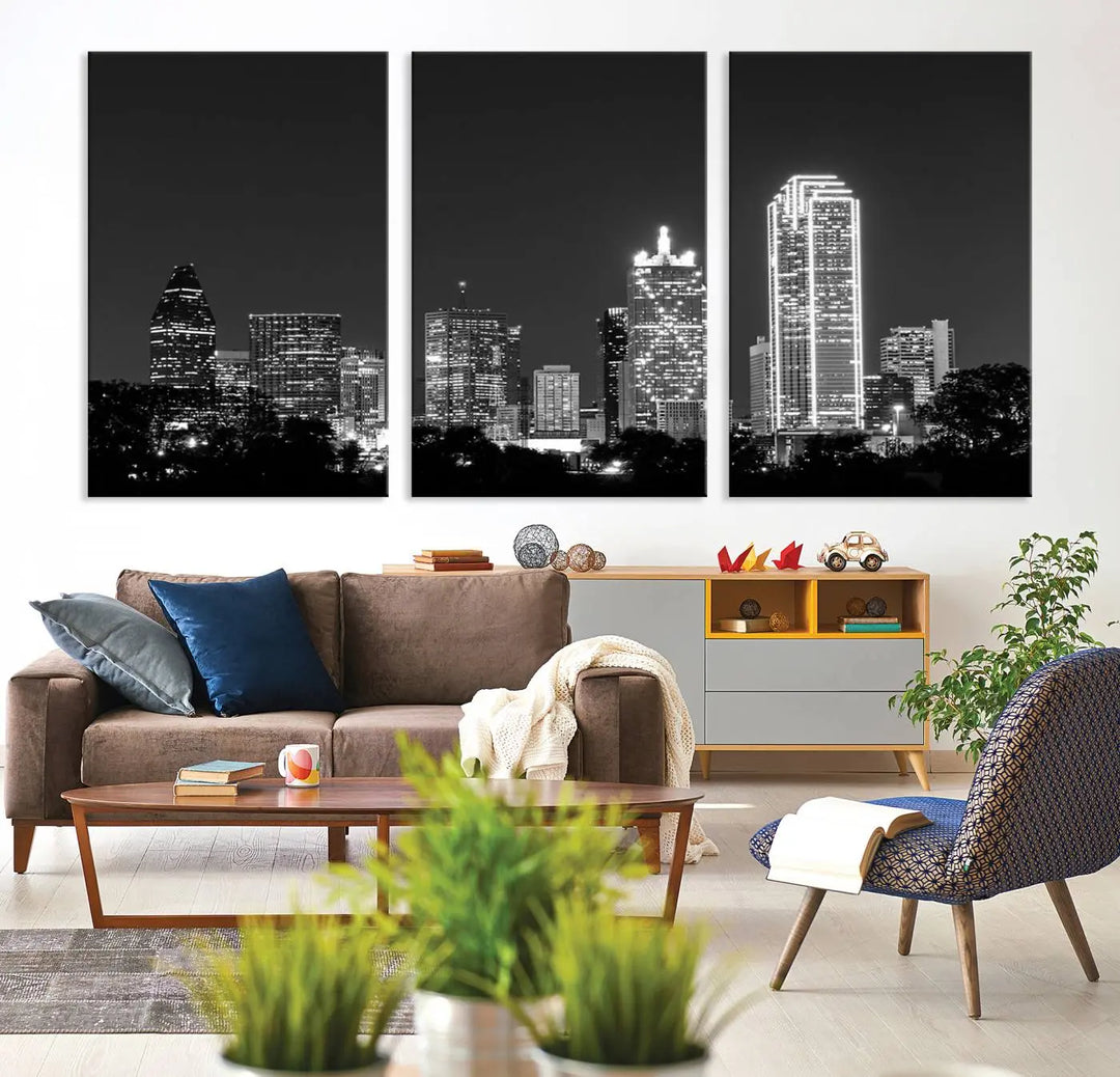 The "Dallas City Lights Skyline Black and White Wall Art Cityscape Canvas Print" is a museum-quality canvas with gallery-wrapped edges.