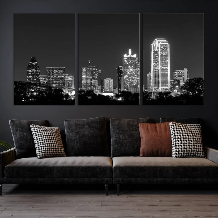 The "Dallas City Lights Skyline Black and White Wall Art Cityscape Canvas Print" is a museum-quality canvas with gallery-wrapped edges.